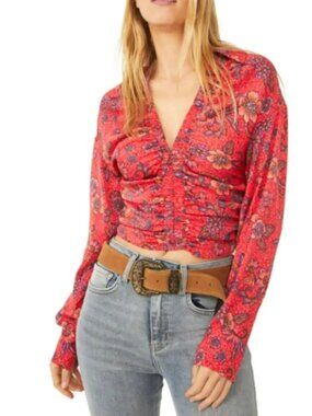 Free People Pink Red Floral "IGot You" Smocked Ruched Long Sleeve Crop Top - Rub